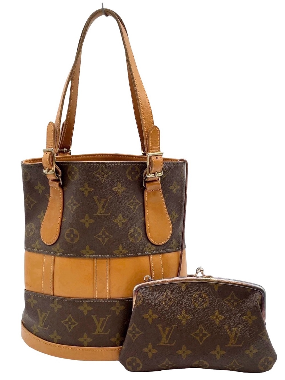 Louis Vuitton Monogram Bucket Shoulder Tote Bag w/ Matching Kiss Lock Pochette